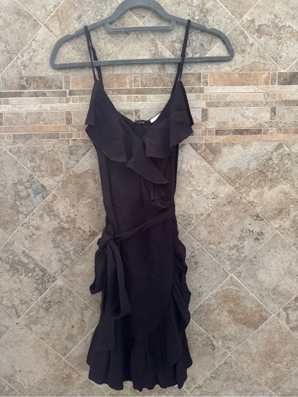 Pookie & Sebastian Sleeveless Black Ruffle faux Wrap Mini Dress Tie Waist small
